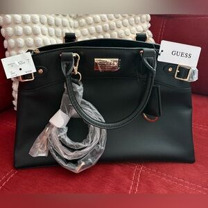GUESS Hayworth Black Satchel with Gold Accents